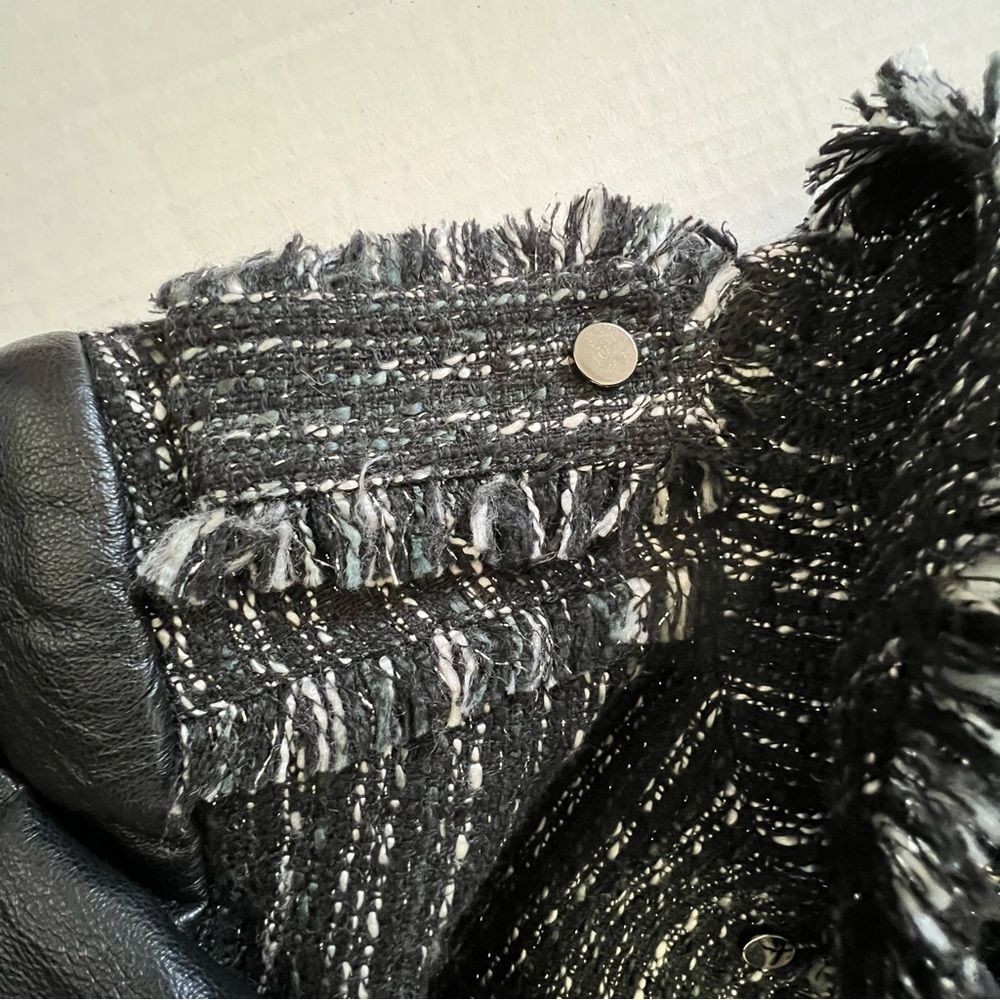 Stella & Jamie Blazer Jacket Sz M Black White Tweed Snap Closure Leather Arms - Picture 7 of 13